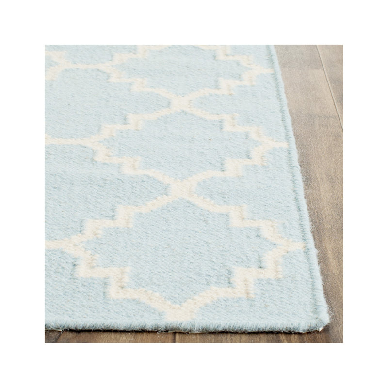 Mccall Hand Woven Flat Weave Wool/Cotton Geometric Rug in Light blue/Ivory, Runner 2'6" x 8'