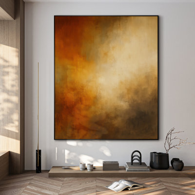 Très grande reproduction d'art sur tissu - Orange vif et beige, mélange abstrait, œuvre d'art pour le salon ou la chambre à coucher - «Assemblage requis du cadre (cadre non fini)»