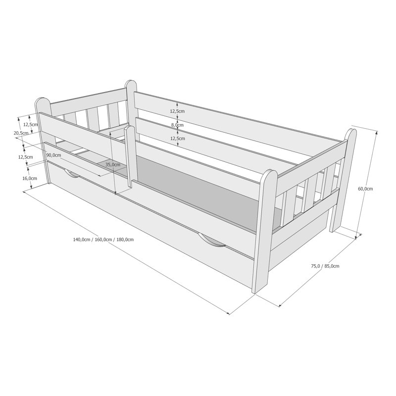 Sherri bed with drawer and mattress, Grey/White, Toddler (140 x 70 cm)