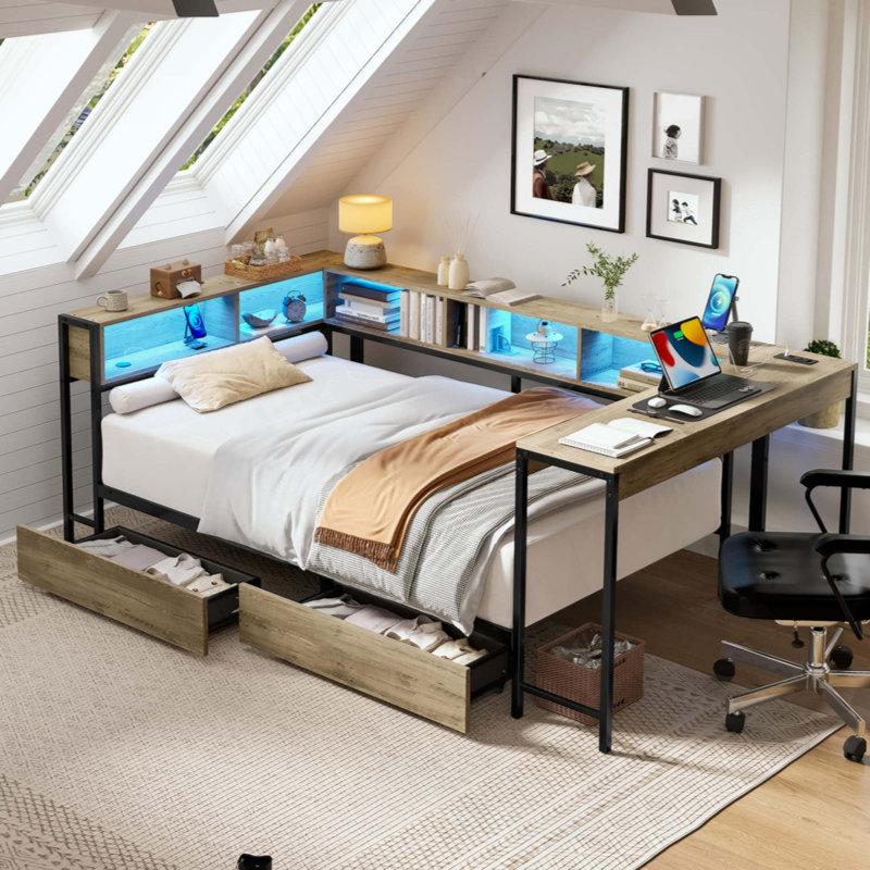 Cadre de lit d'angle avec bibliothèque et 2 tiroirs de rangement sous le lit, lit moderne avec lumière DEL et station de charge, lit de jour moderne