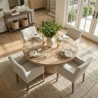 Ensemble de table de salle à manger pour 4 personnes avec table ronde en bois massif et 4 fauteuils rembourrés en lin