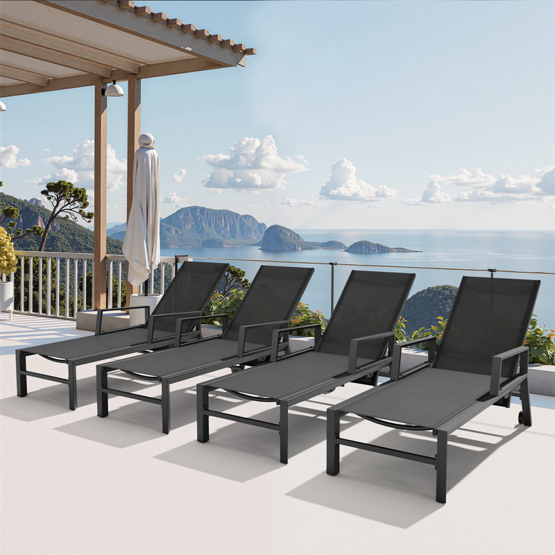 Recliner Patio Aluminum Chaise Lounge, Adjustable Backrest by an Air Cylinder (Set of 4), Black