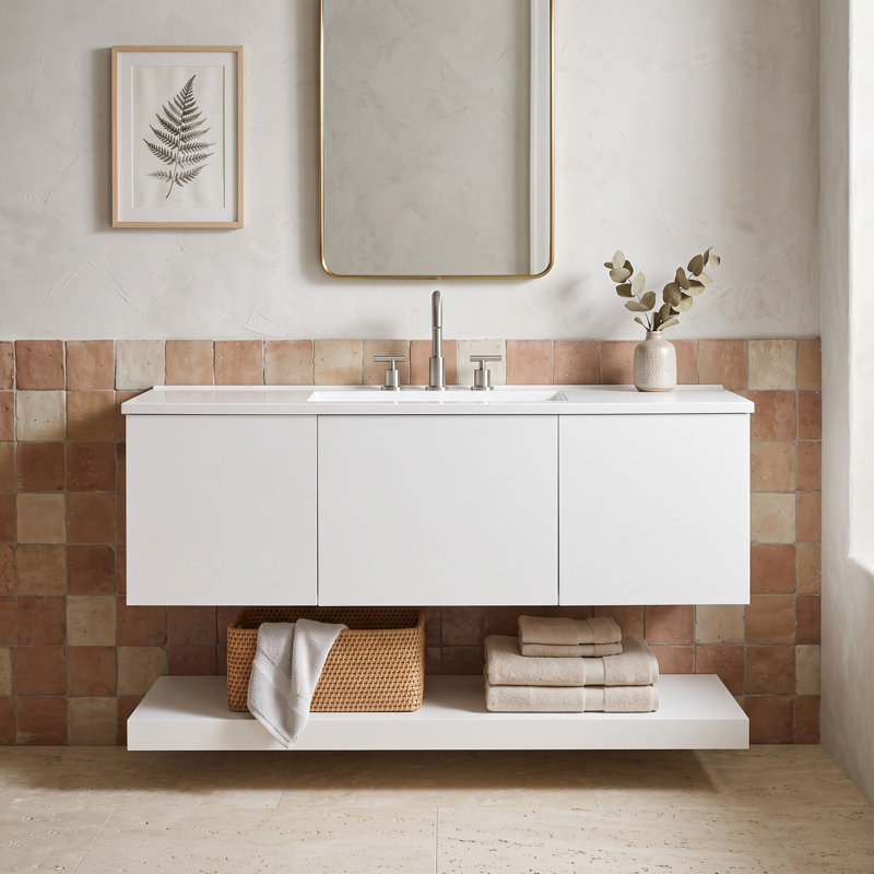 Armoire de salle de bain murale avec lavabo, tablette inférieure et tiroirs