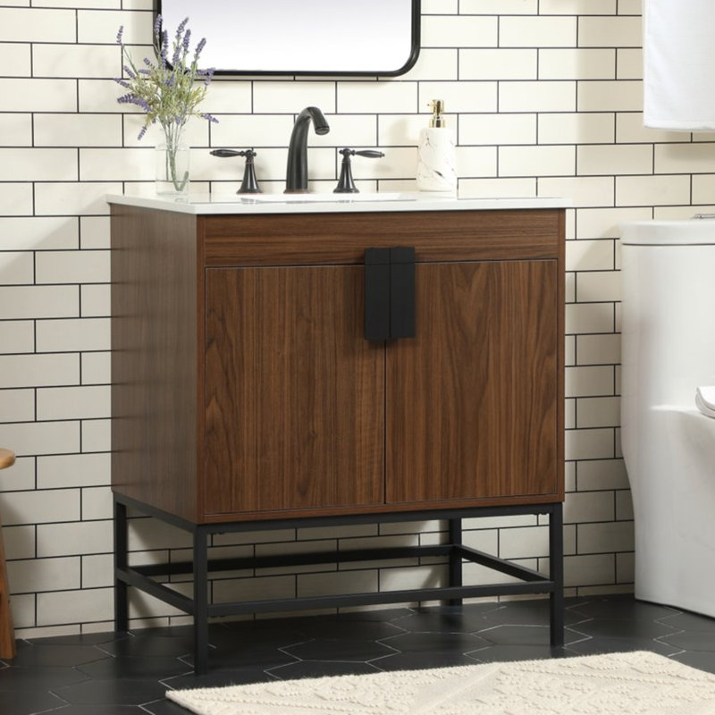 Corley 30'' Single Bathroom Vanity with Engineered Marble Top, Walnut