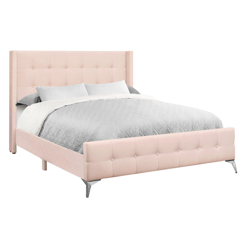 Lit plateforme élégant en velours rose avec tête de lit et rembourrage en mousse à oreilles en métal