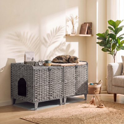 Enceinte cachée en rotin pour 2 chats - Armoire en osier facile à nettoyer et sans odeur avec évents - Gris