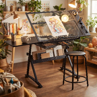 Drafting Table With Stool, Adjustable Height Art Desk Drawing Table Work Station With Tilting Glass Tabletop and Drawers