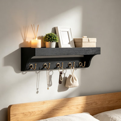Key Holder for Wall with Shelf, Decorative Key Organizer with 5 Rustic Hooks and Wood Mail Organizer, Wall Mount Entryway Décor for Hanging Keys, Purses, and Leashes