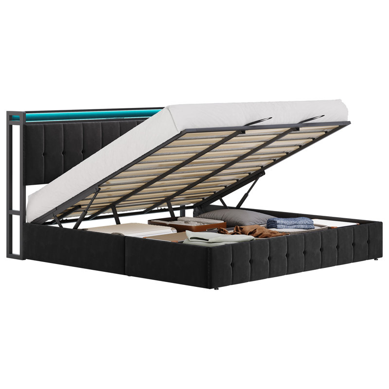 Cadre de grand lit avec rangement relevable, lit en velours rembourré avec lumières DEL et prises de courant, support hydraulique, aucun sommier nécessaire, noir