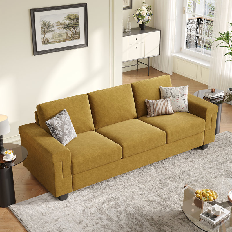 Canapé en polyester à accoudoirs carrés Dereon, H 32,7 po x l 90 po x P 35 po, Jaune