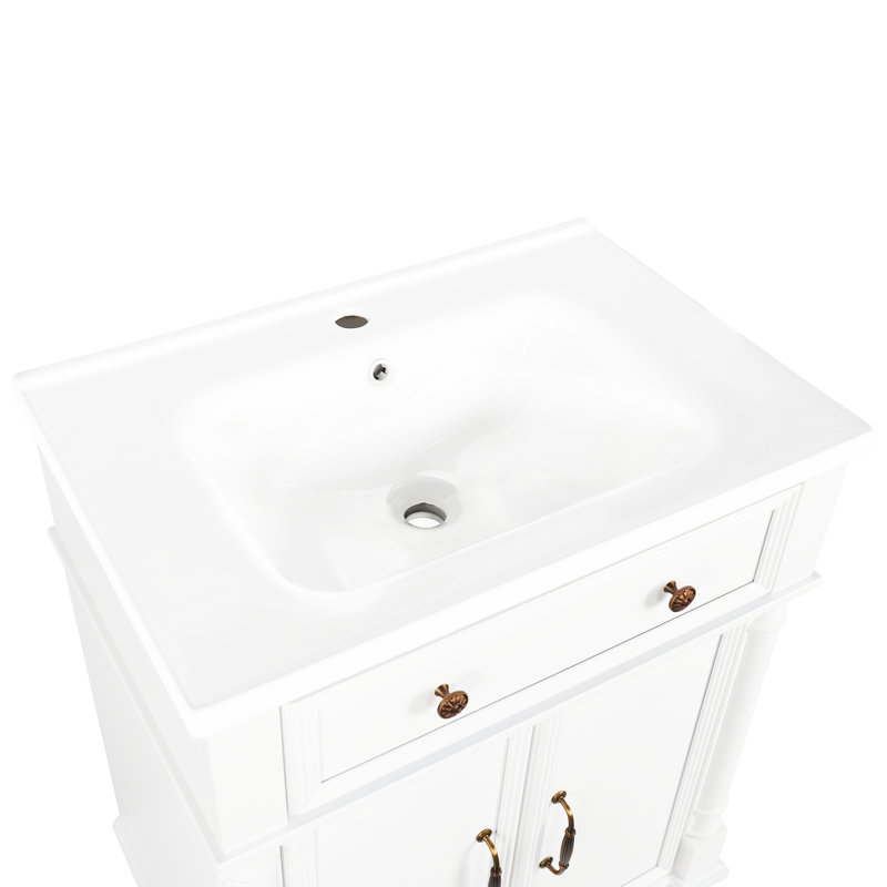 28‘’ Mid-Century White Bathroom Vanity Cabinet With Sink Top, Metal Handles & Solid Wood Frame, White