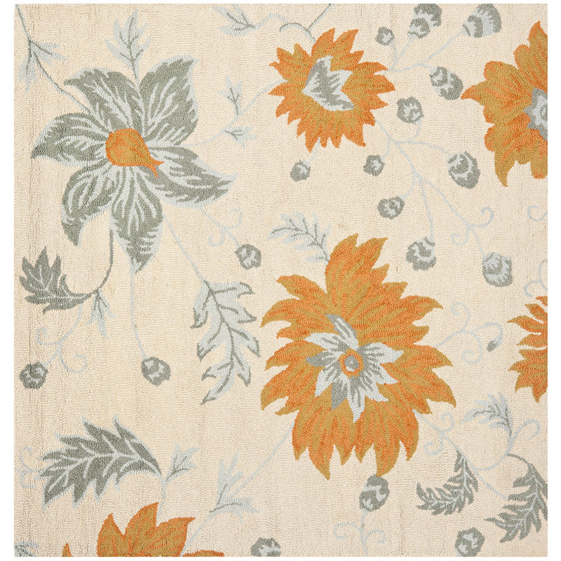 Jahiem Floral Hand Hooked Wool Ivory Area Rug, Square 6'