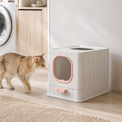 Bac à litière pliable pour chat fermé avec plateau coulissant, double entrée et bac à litière
