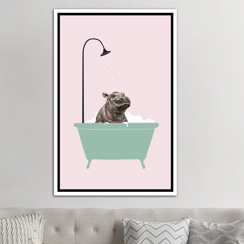 Hippopotame dans une baignoire, art encadré, H 26 po x l 18 po x P 1,5 po, Toile blanche encadrée