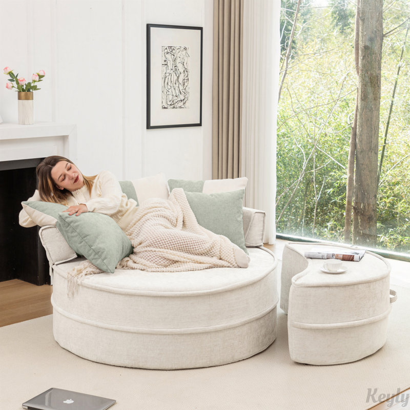 Fauteuil demi-tonneau d'appoint surdimensionné avec 5 coussins et repose-pieds, Beige