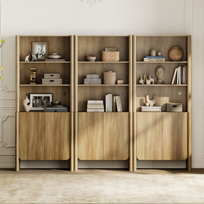 Glorian 5-Tier Modern French Bookshelf With A Storage Cabinet And Open Shelves, 72.6" Tall Bookcase With Soft Curved-Edge Doors,94.5" Large Storage Display Unit For For Home Theater Library Living Room, Walnut