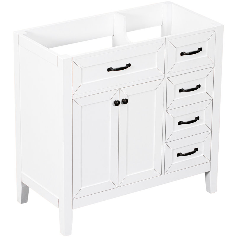 Base de meuble-lavabo 36 po. Blanc avec tiroirs. Armoire à tiroirs autoportante en bois massif et ornement. Solution de rangement moderne