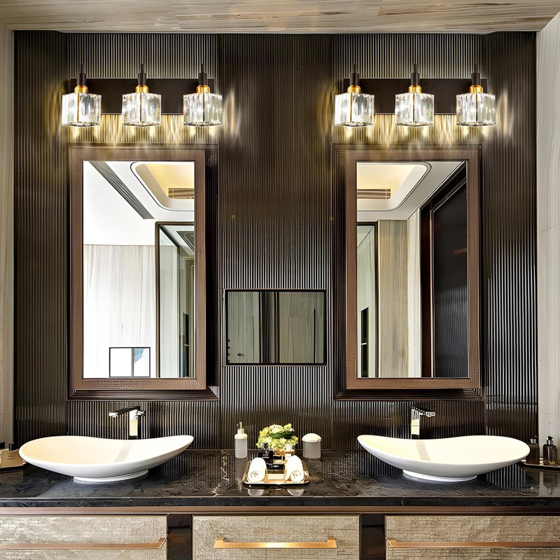 Luminaire de meuble-lavabo moderne en chrome noir avec détails en cristal, éclairage mural à 3 lumières pour salle de bain ou chambre à coucher