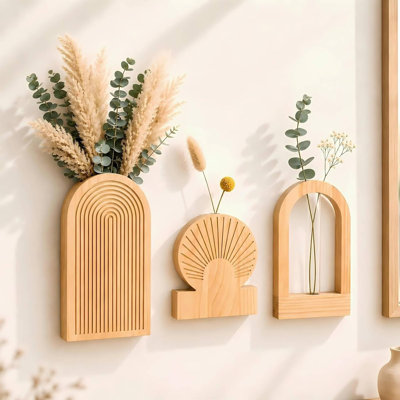 Wooden Wall Vases for Flowers, Set of 3, Natural
