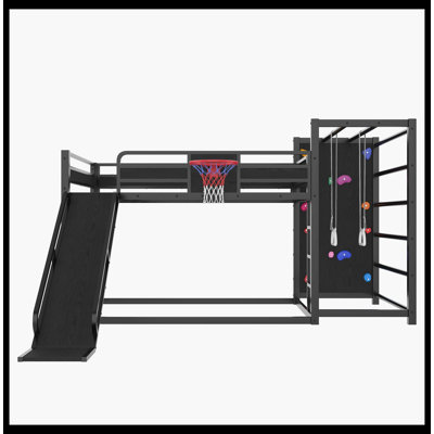 Lit mezzanine en métal pleine grandeur avec panier de basketball, anneaux de traction, mur d'escalade et tablettes intégrées. Conception pour enfants ludique avec glissade, noir