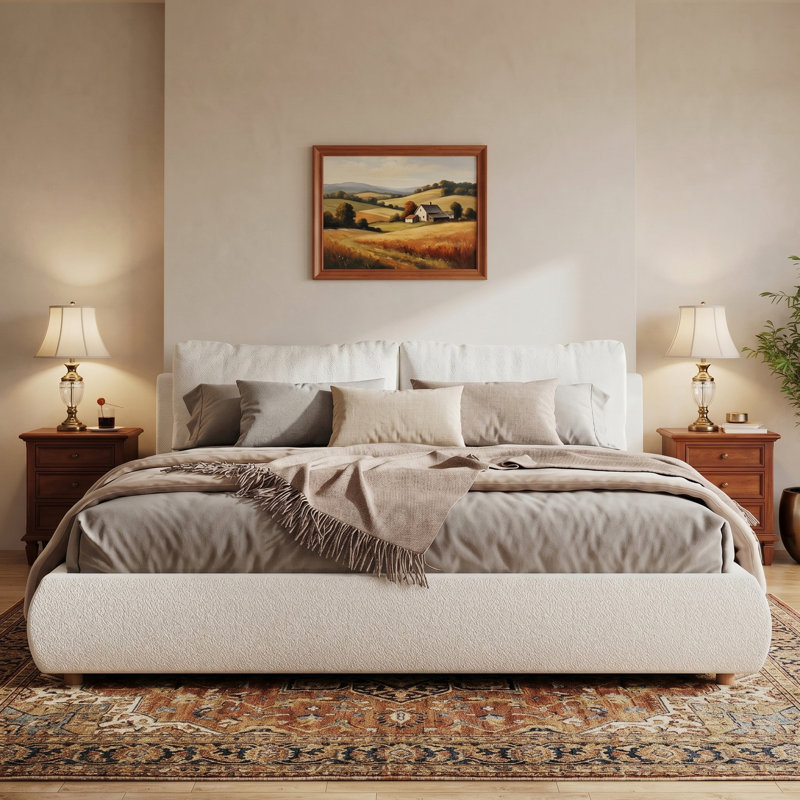 Lit plateforme tapissier avec deux coussins amovibles Boucle, Très grand lit, Blanc