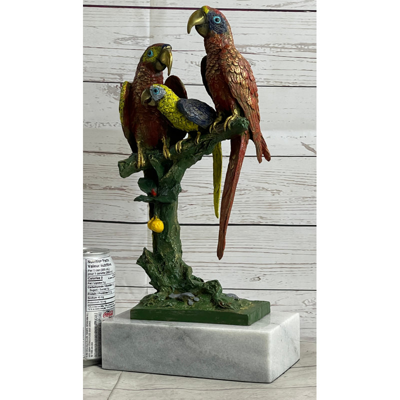 Handcrafted Brazilian Macaw Family Bronze Sculpture on White Marble Base