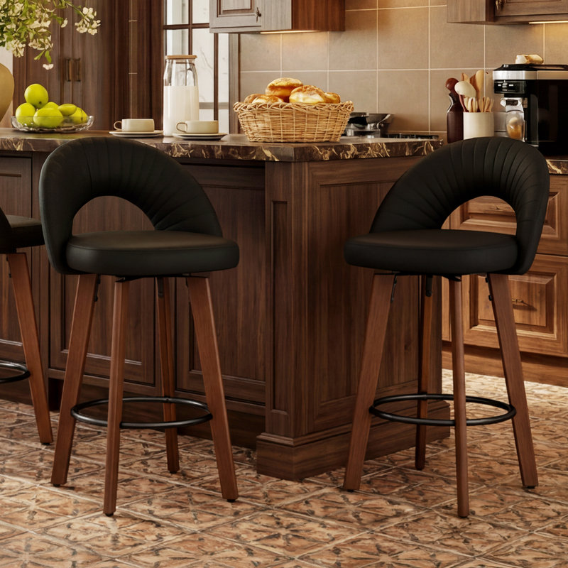 Mid-Century Swivel 26" Counter Stools, Faux Leather Upholstered Barstools with Cutout Back and Solid Wood Legs, Black