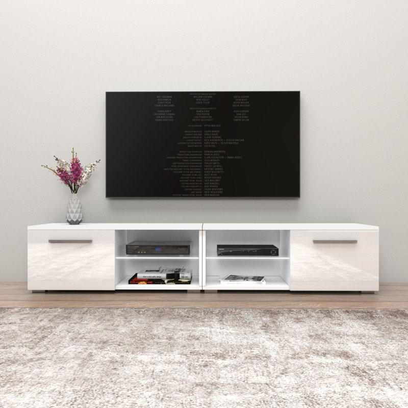 Asbury 15.75" Modern TV Stand with LED Lighting, High Gloss Finish, White