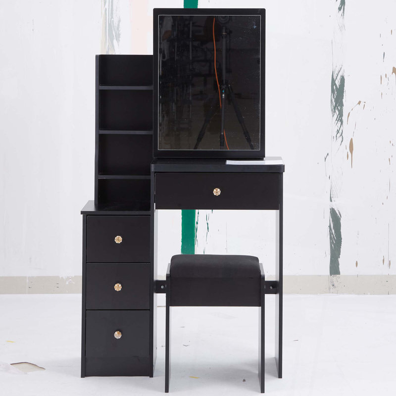 29.2" Small Space Left Bedside Cabinet Vanity Table + Cushioned Stool,Extra Large Right Sliding Mirror,Multi Layer High Capacity Storage,Practical Fashionable Dresser,Suitable for Small Space
