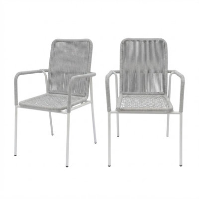 Deasha Modern Rope Woven Patio Dining Chairs - All-Weather Stackable Outdoor & Indoor Armchairs - Light Cloudy Gray Powder Coated Steel (Set of 2)
