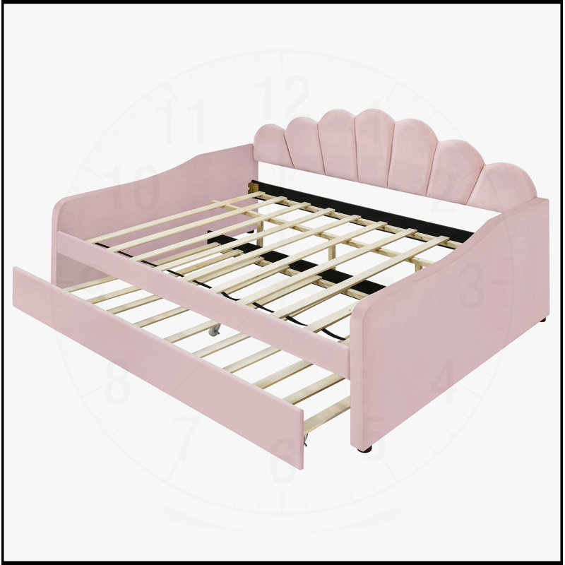 Full Size Upholstery Daybed Frame with Shell Shaped Backrest and Trundle, Perfect for Guest Rooms and Small Spaces, Pink