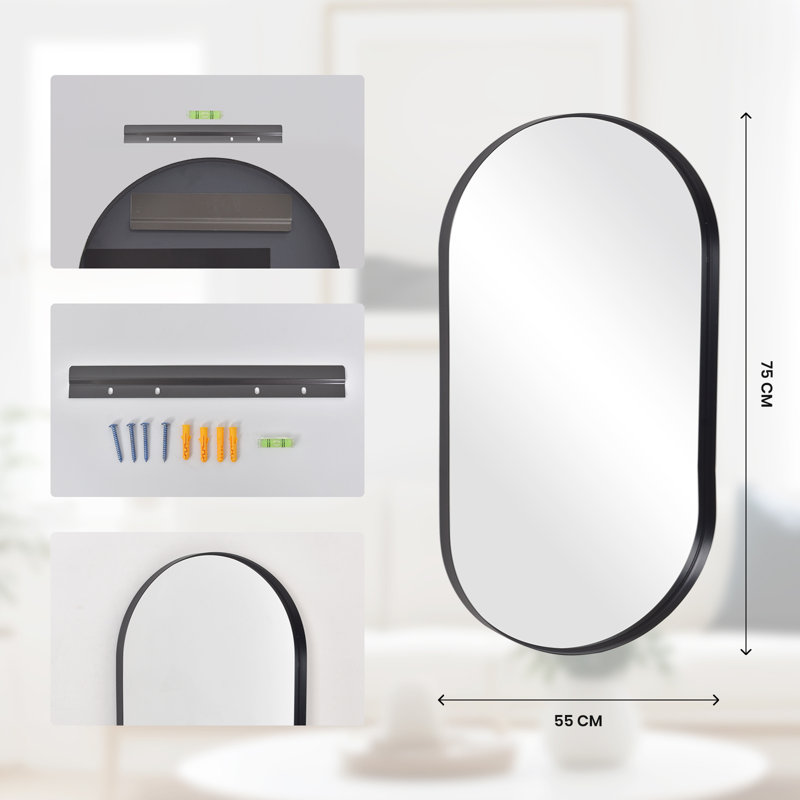 Oval Mirror, 75cm H x 55cm W, Black