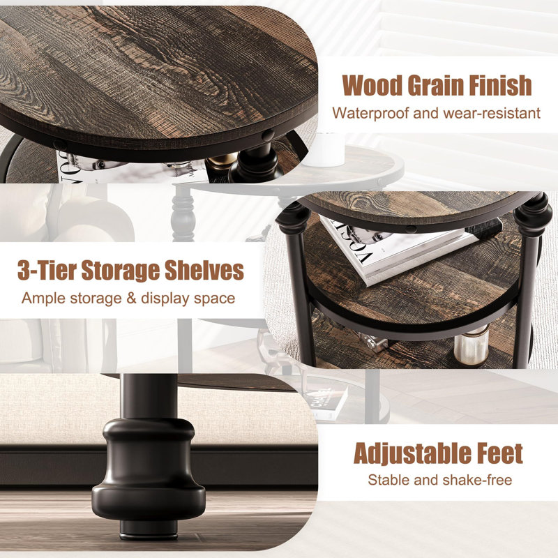 Small Side Table,Round End Table With 3 Shelves,Night Stand Accent Coffee Table With Steel Frame For Small Spaces, Gray