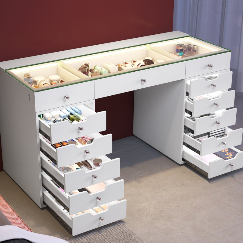 Makeup Vanity Desk HD Glass Top Built-in LED Light Strips Large 13 Drawers, White