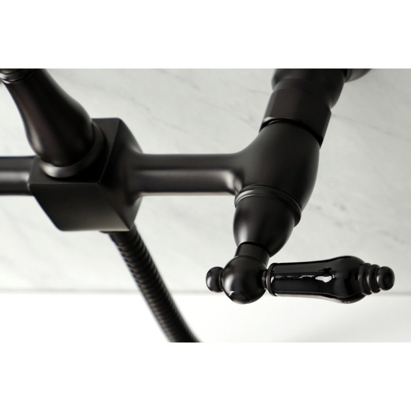 Kingston Brass Duchess Double-Handle 3-Hole Wall-Mount Bridge Kitchen Faucet with Brass Sprayer, Oil Rubbed Bronze