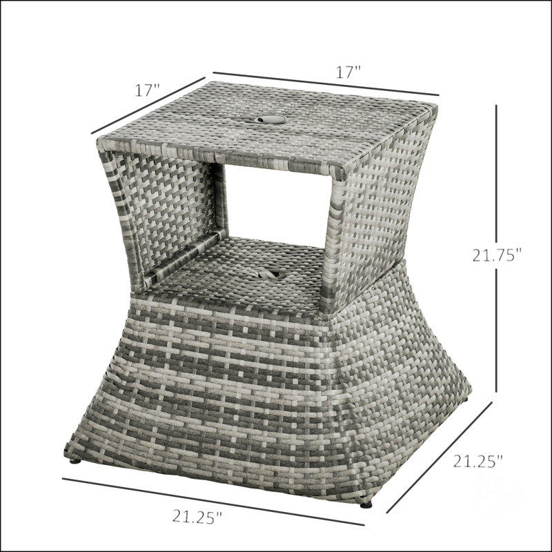 Durable Outsunny Rattan Wicker Side Table With Umbrella Hole And 2-Tier Storage For All-Weather Outdoor Use, Mixed Grey, Gray