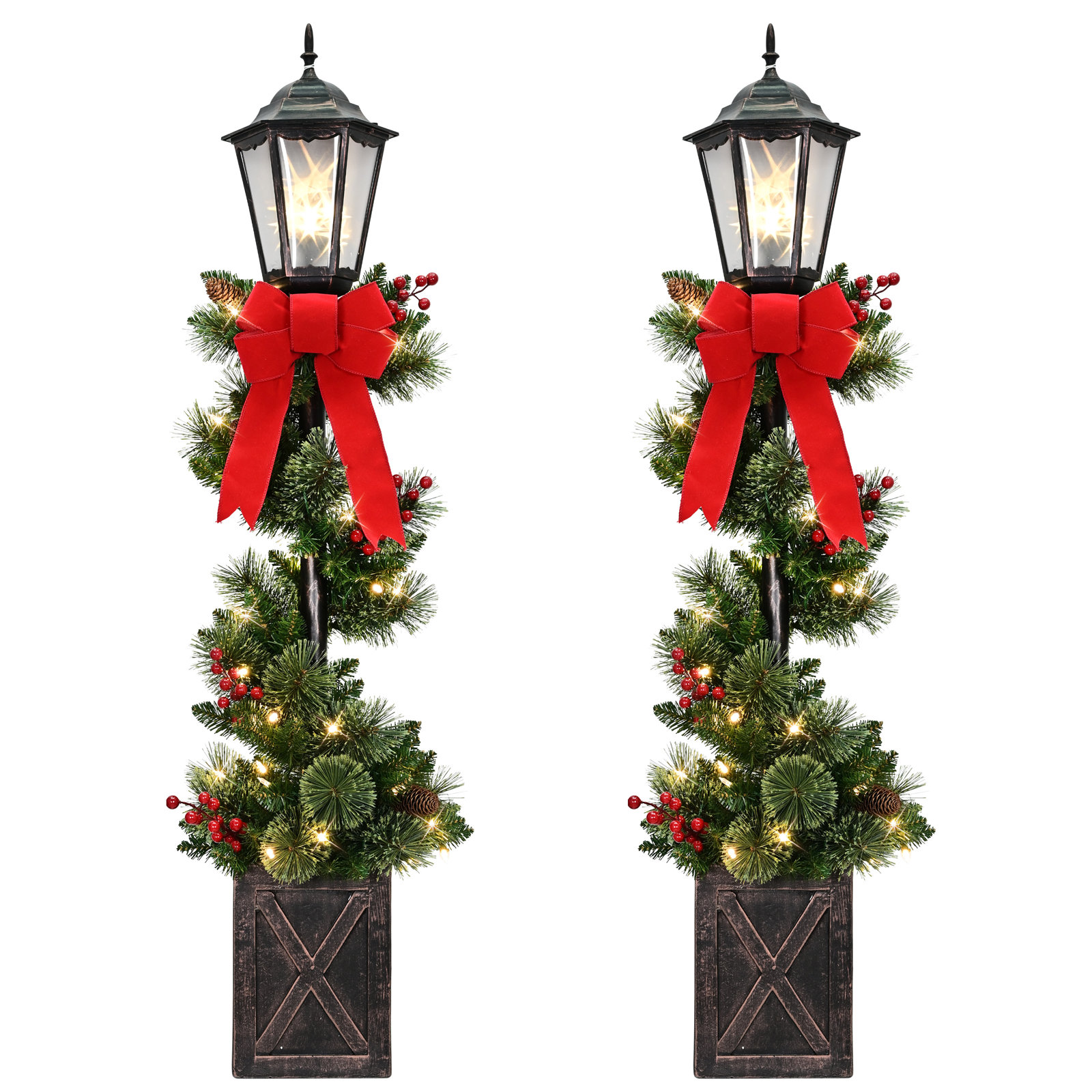 Set of 2 4 ft Pre-Lit Artificial Adorned Lamp Post with 50 Warm White LED Lights