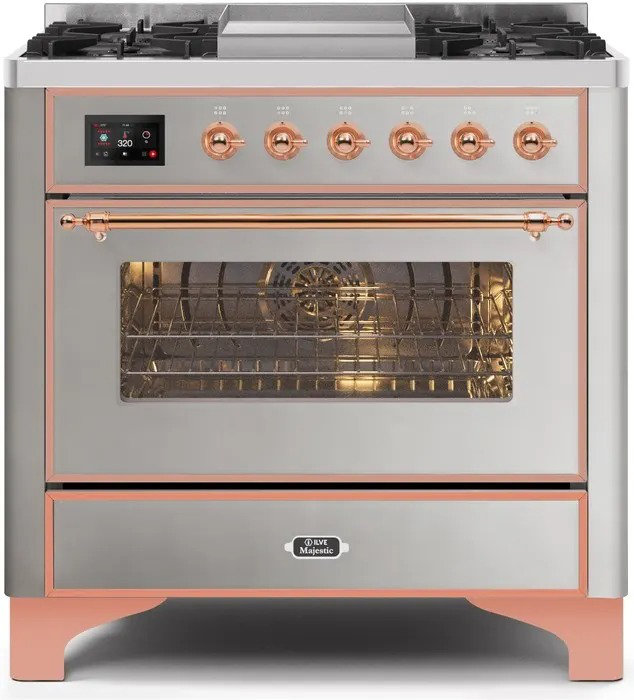 ILVE Majestic II Series 36 inch Dual Fuel Range with 6 Sealed Burners (Glass Door), Stainless Steel/Copper, Natural Gas