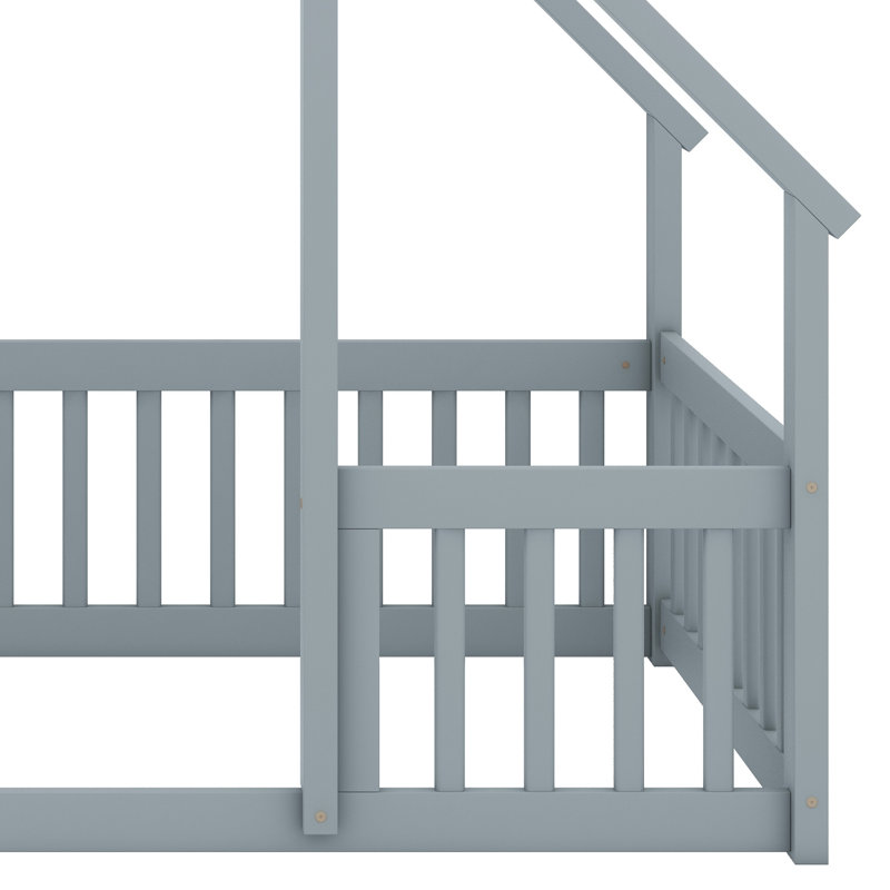 Playhouse Style Floor Bed with Protective Fence and Safety Guardrails, Grey