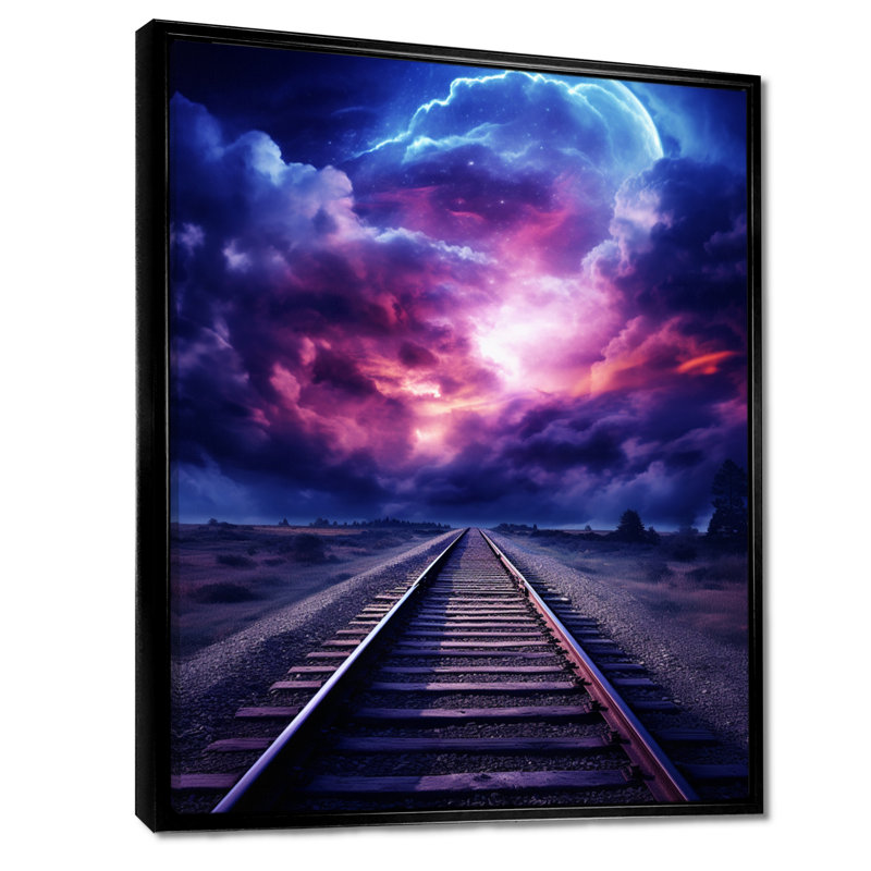 Lavande, train, rails, fuchsia, coucher de soleil I - train, art mural, H 32 po x l 24 po x P 1 po, Cadre flottant noir