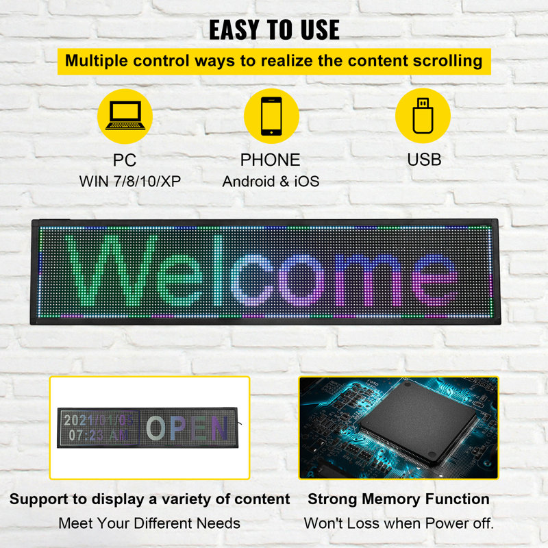 Enseigne lumineuse à DEL VEVOR, commande WiFi et USB 40 po x 9 po, affichage P6 couleur programmable,