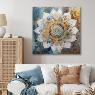 White And Gold Mandala II - Boho Mandala Printed Canvas Wall Art
