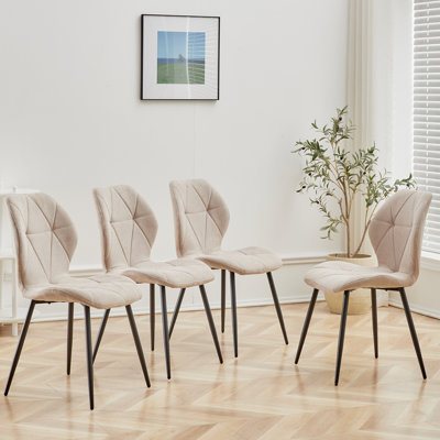Modern Simple Round Solid Wood Dining Table Set - Set Of 4 Diamond Pattern Velvet Dining Chairs - Metal Legs - For Living Room/Bedroom