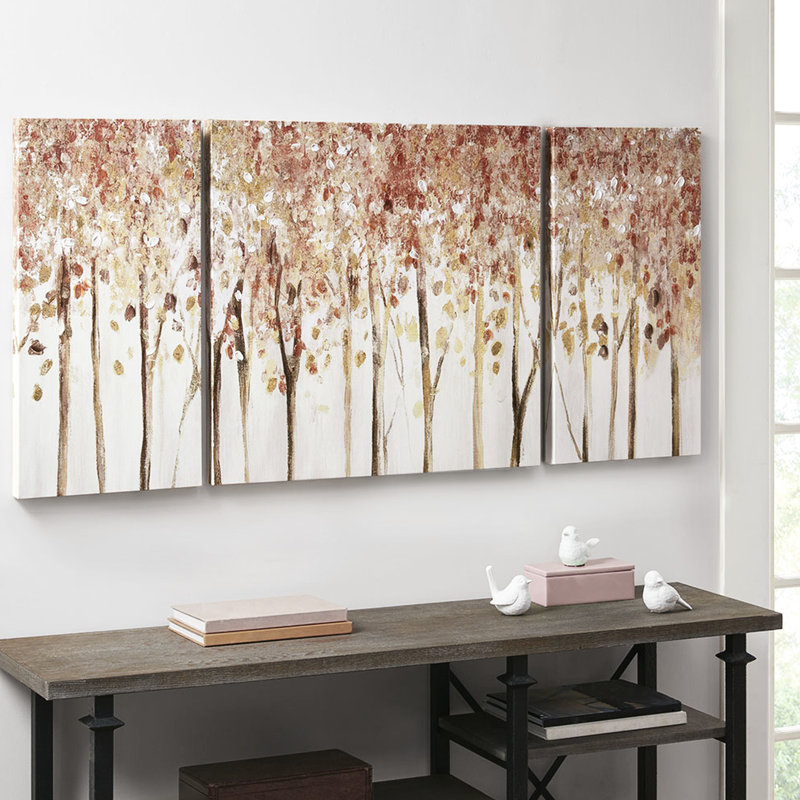 Autumn Forest Canvas Wall Art - 3 Piece, Home Decorative, Hand-painted Textured, Hanging, 27"x27" & 13.5"x27", Red Tone, , Canvas, Gel Textured Scene, 3, Decoration, Texture, Center 13.5"x27" Sides,