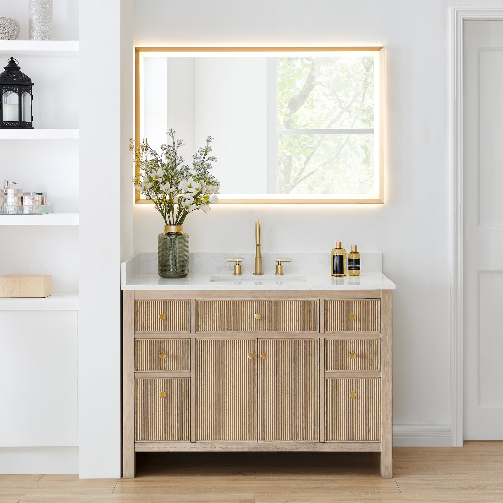 Lala 48" Single Bathroom Vanity with Grain White Engineered Stone Countertop with Mirror, Nature Oak