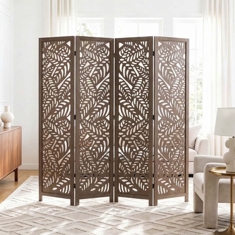 Paravent en bois massif 67 po H - Paravent Serenity Floral, 4, Brun