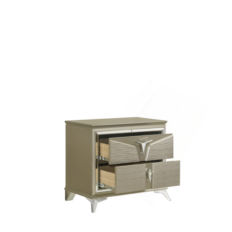 Table de chevet 2 tiroirs de style moderne en bois et accents en miroir