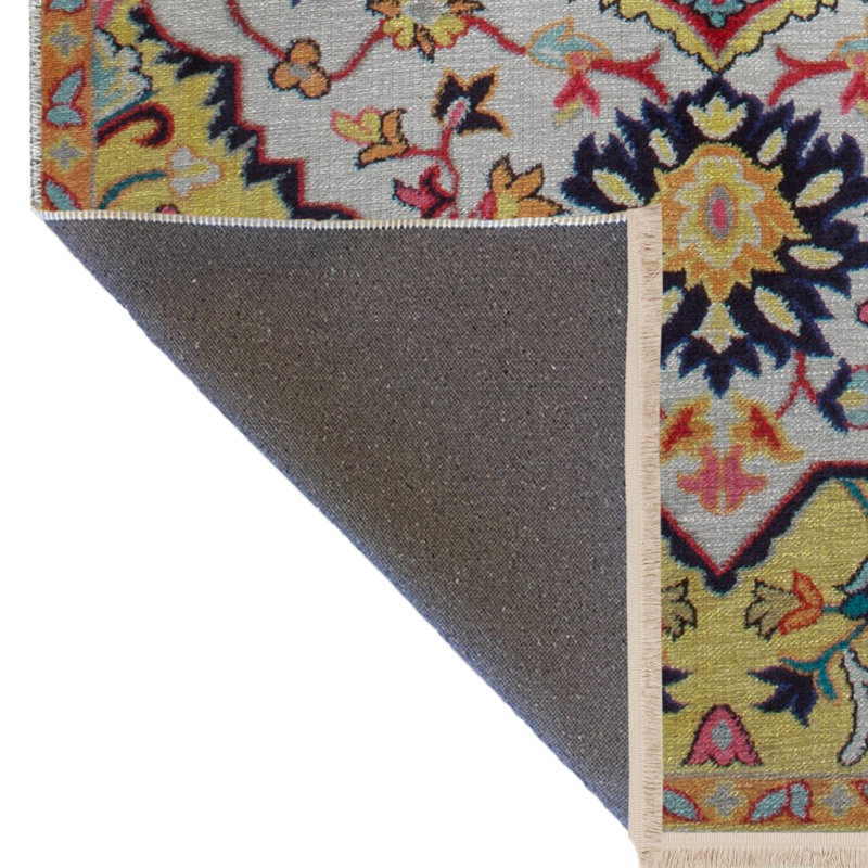Tapis décoratif frangé motif à motif traditionnel jaune et beige, Rectangle 4 pi x 5 pi 11 po