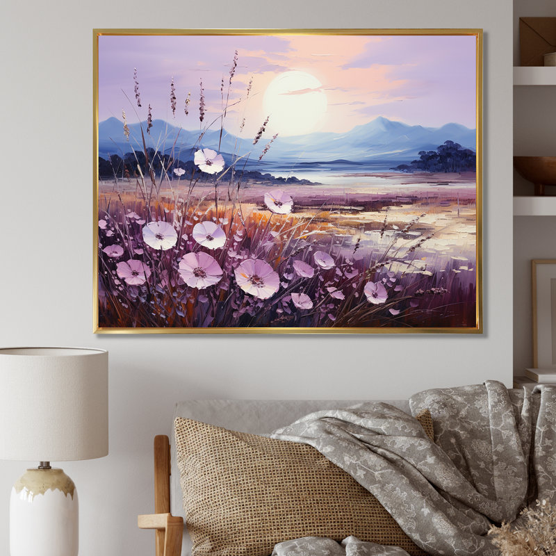 Harmonious Violet Flowers Field I sur toile, Cadre flottant doré, H 12 po x l 20 po x P 0,5 po