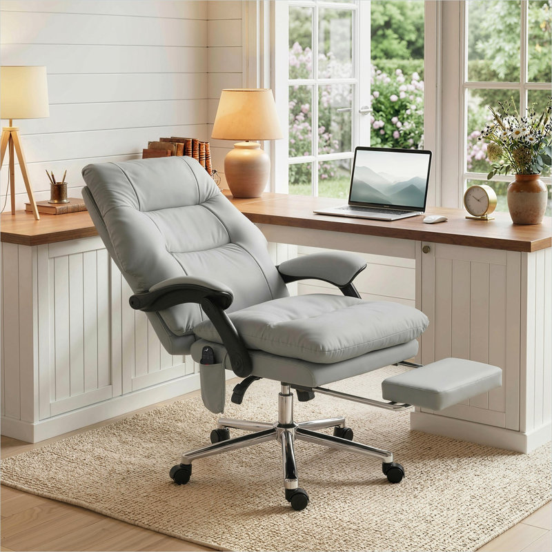 Bureau en similicuir gris clair adapté aux animaux de compagnie et siège inclinable, structure en métal, 11,1 po